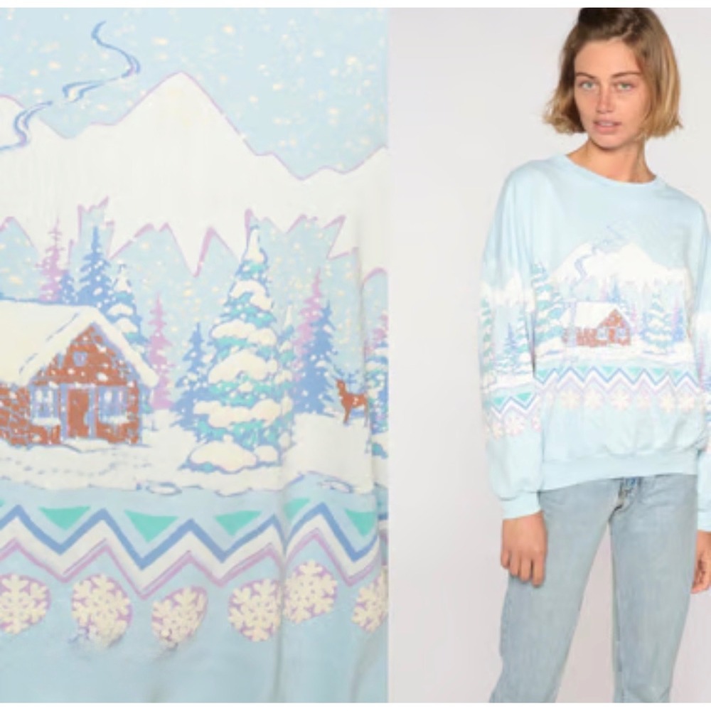 Vintage Lifestyles Winter Cabin Puff Print Sweatshirt Blue One Size Made in USA